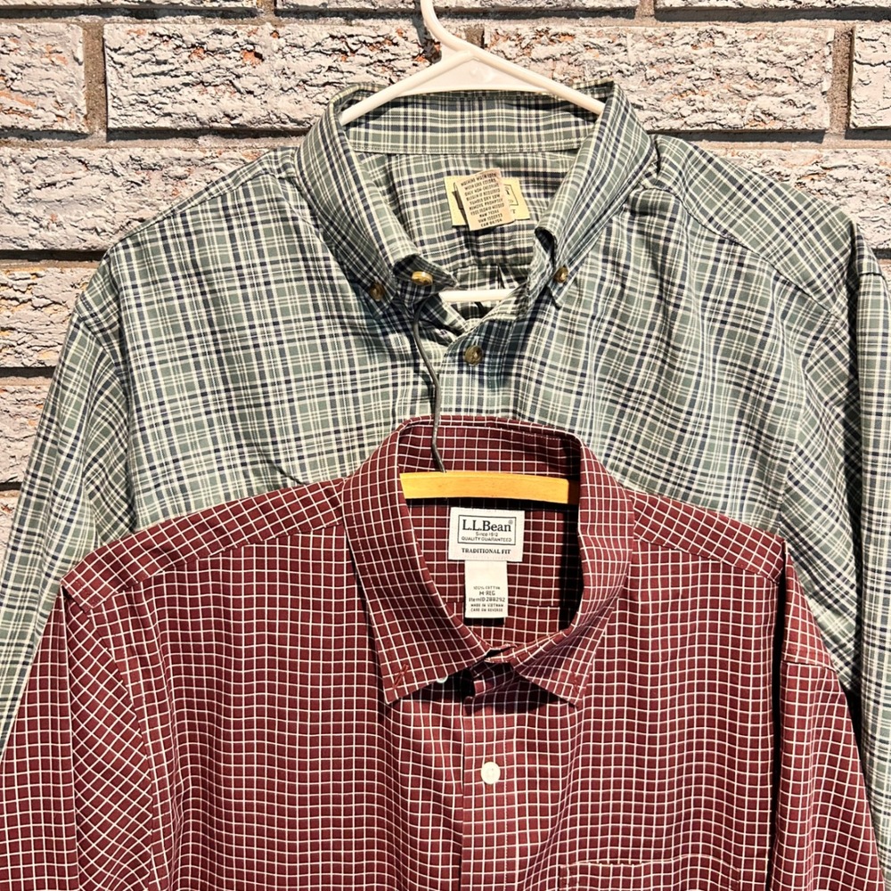 2 LL Bean Mens Traditional Fit Button Down Shirts Burgundy/Green Check Med